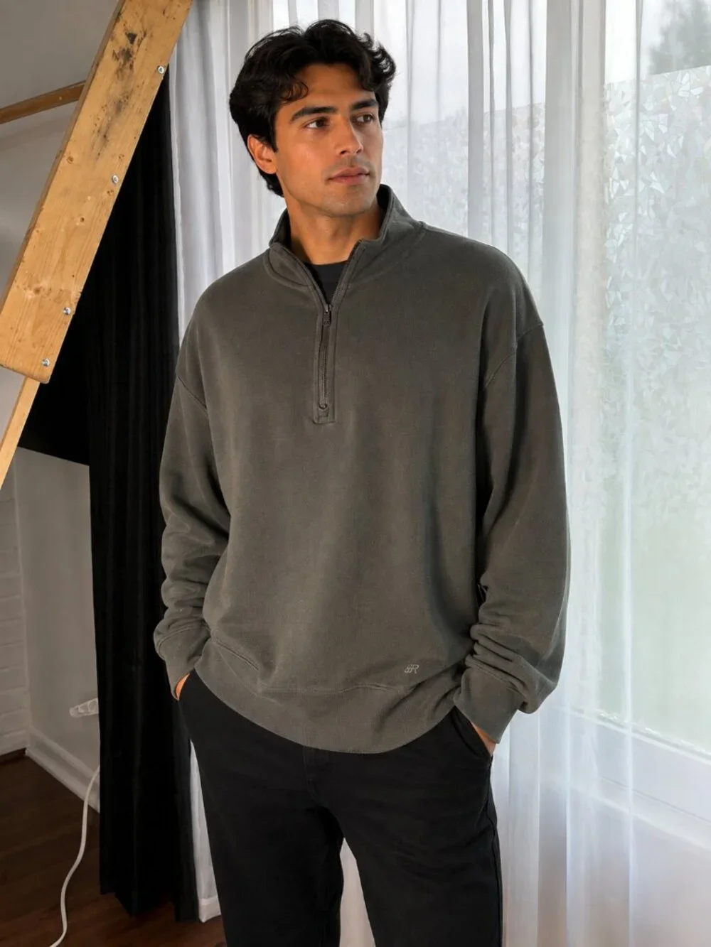 Banana Republic Men’s L Quarter Zip Pullover Cotton Blend Olive Gray
